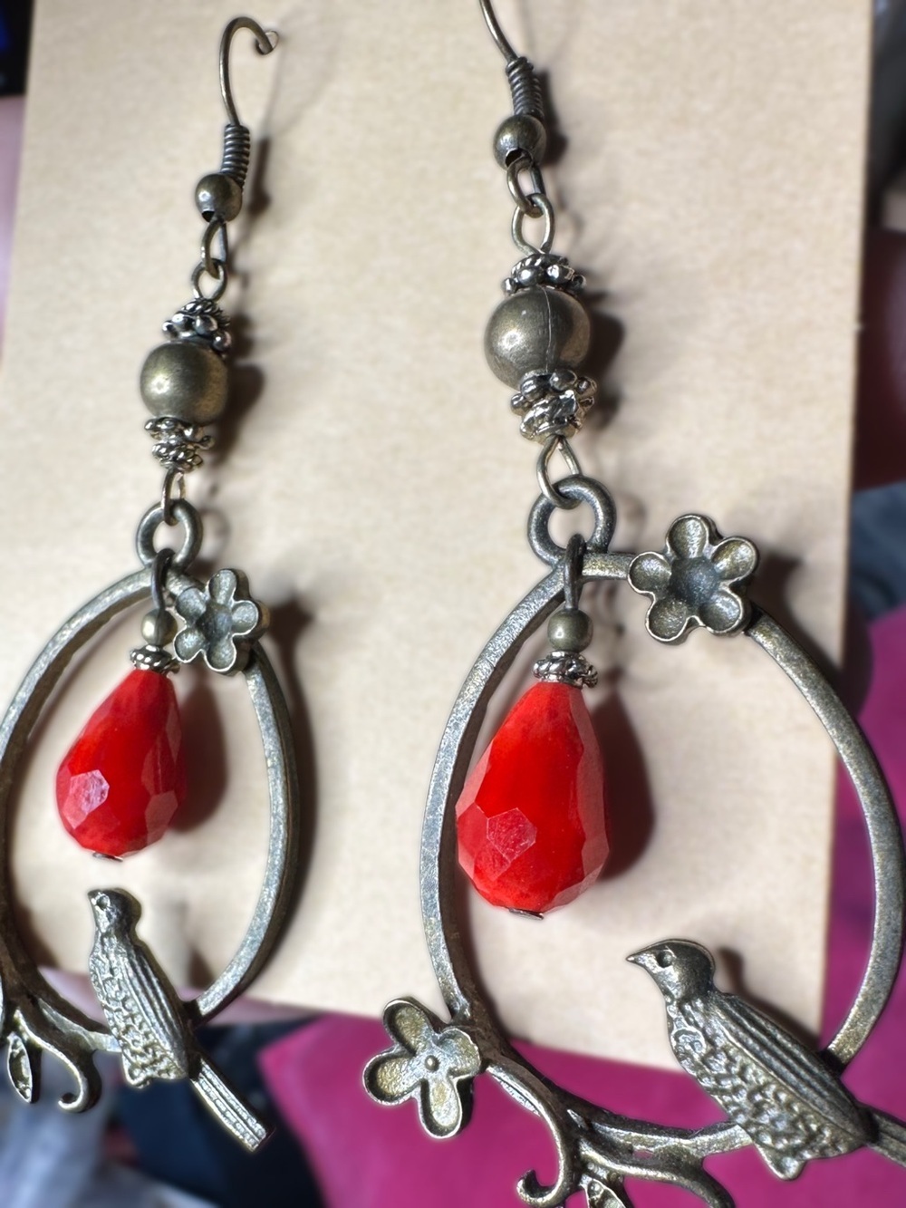 Women's Red Teardrop Bird Hoop Earrings - Picture 2 of 3